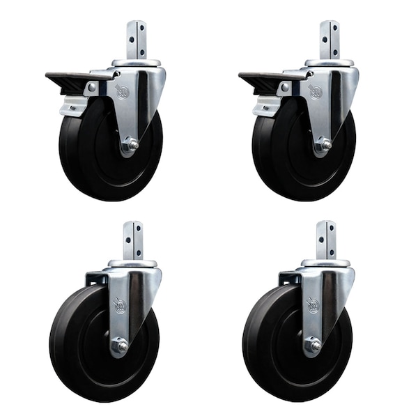 5'' Soft Rubber Wheel Swivel 3/4'' Square Stem Caster Set 2 Brakes, 4PK